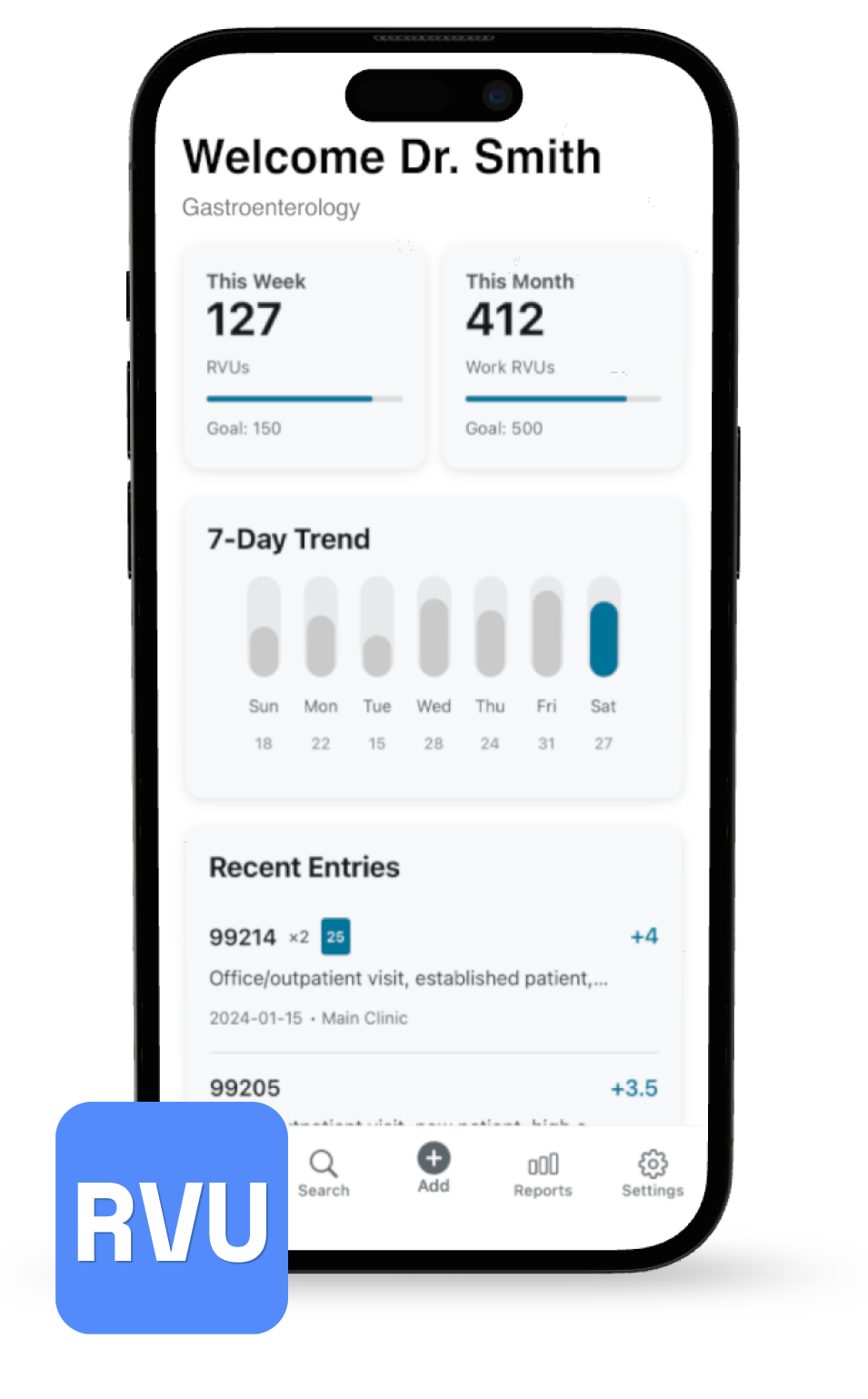 RVU Tracker Mobile App Screenshot showing physician dashboard with wRVUs this week, this month, 7-day trend chart, and recent wRVU entries